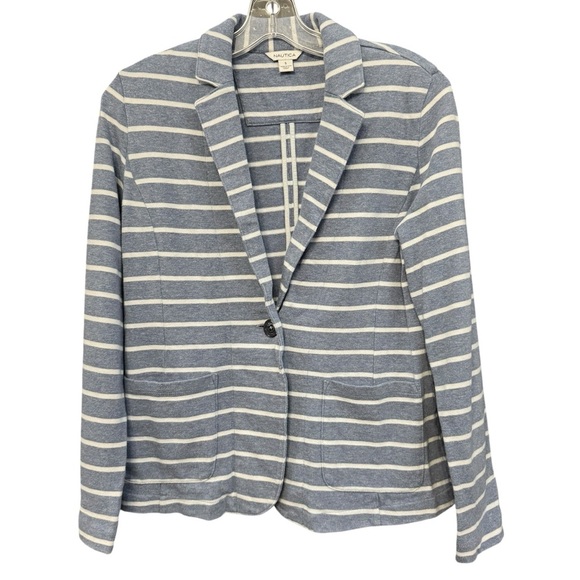 Nautica Women’s Small Striped Cotton Knit Blazer Blue White Casual Jacket - Picture 1 of 6